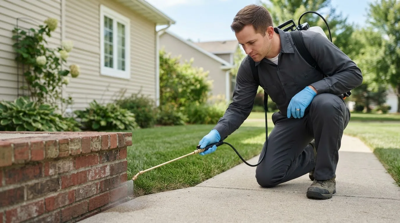 Pest control technician treating a home near Camden, OH
