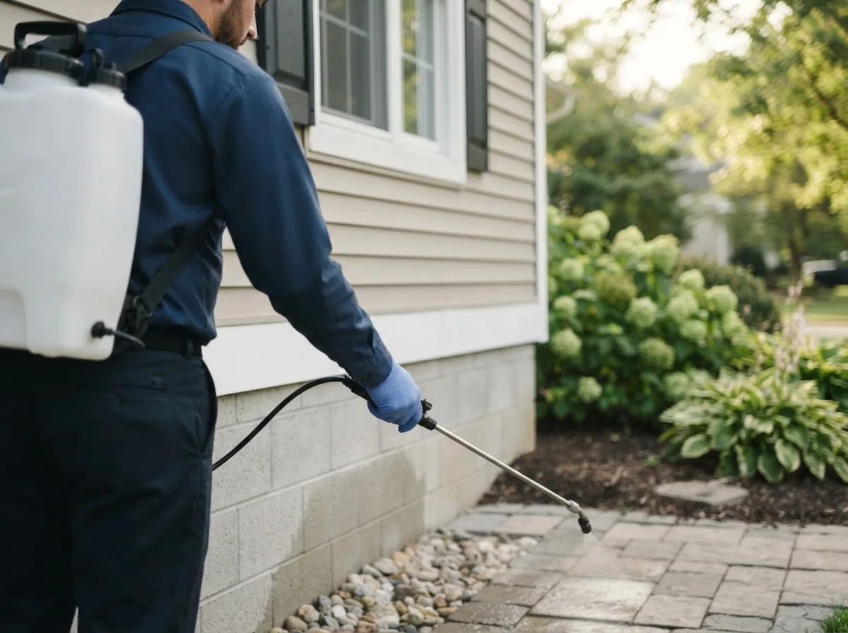 Pest control technician inspecting a home in Camden, OH